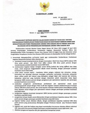 Pj Gubernur Jambi Surati Bupati/Wali Kota Untuk Dukung Instruksi Mendagri No 9 Tahun 2021