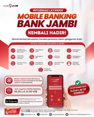 Mobile Banking Bank Jambi Kembali Aktif, Nasabah Diimbau Segera Perbarui Aplikasi