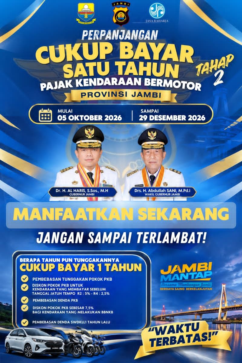 Pemprov Jambi Perpanjang Pemutihan Pajak Kendaraan hingga 29 Desember